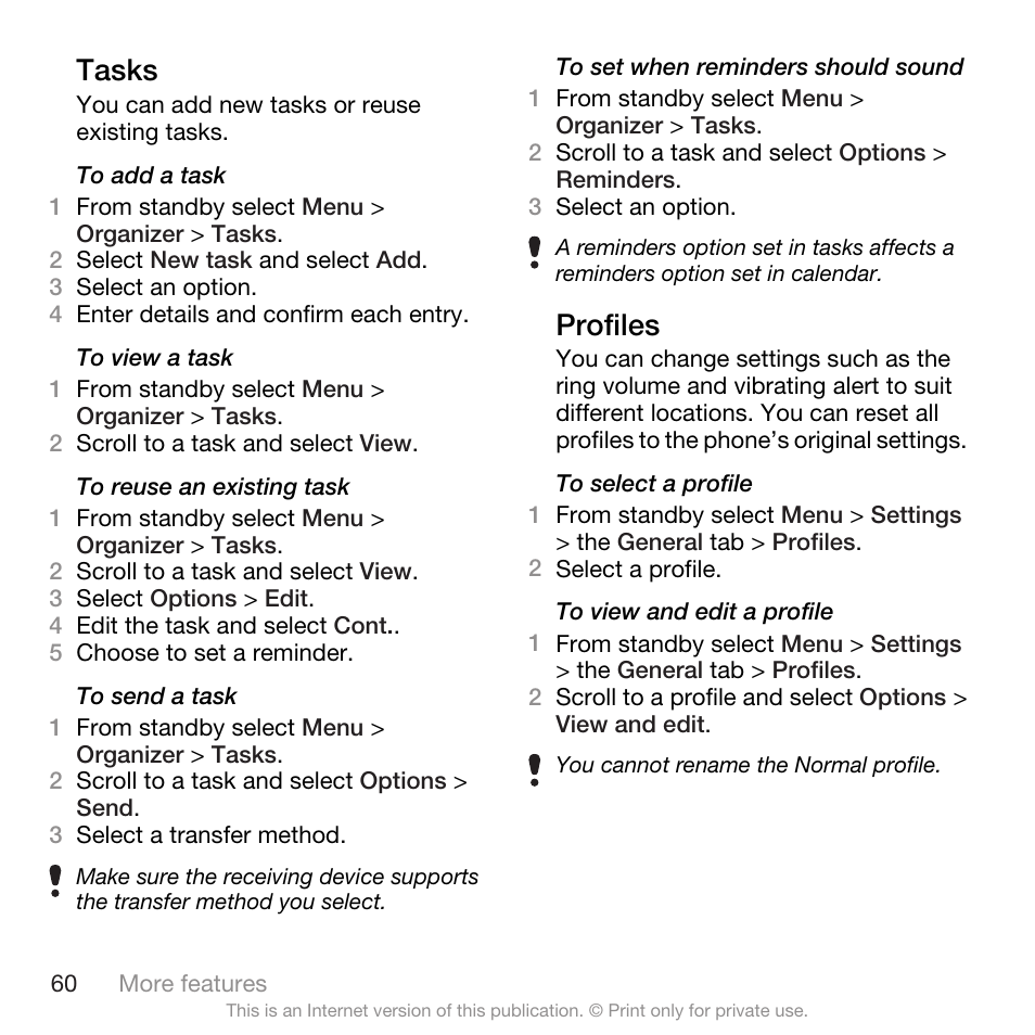 Tasks, Profiles, Tasks profiles | Spracht W890I User Manual | Page 62 / 82