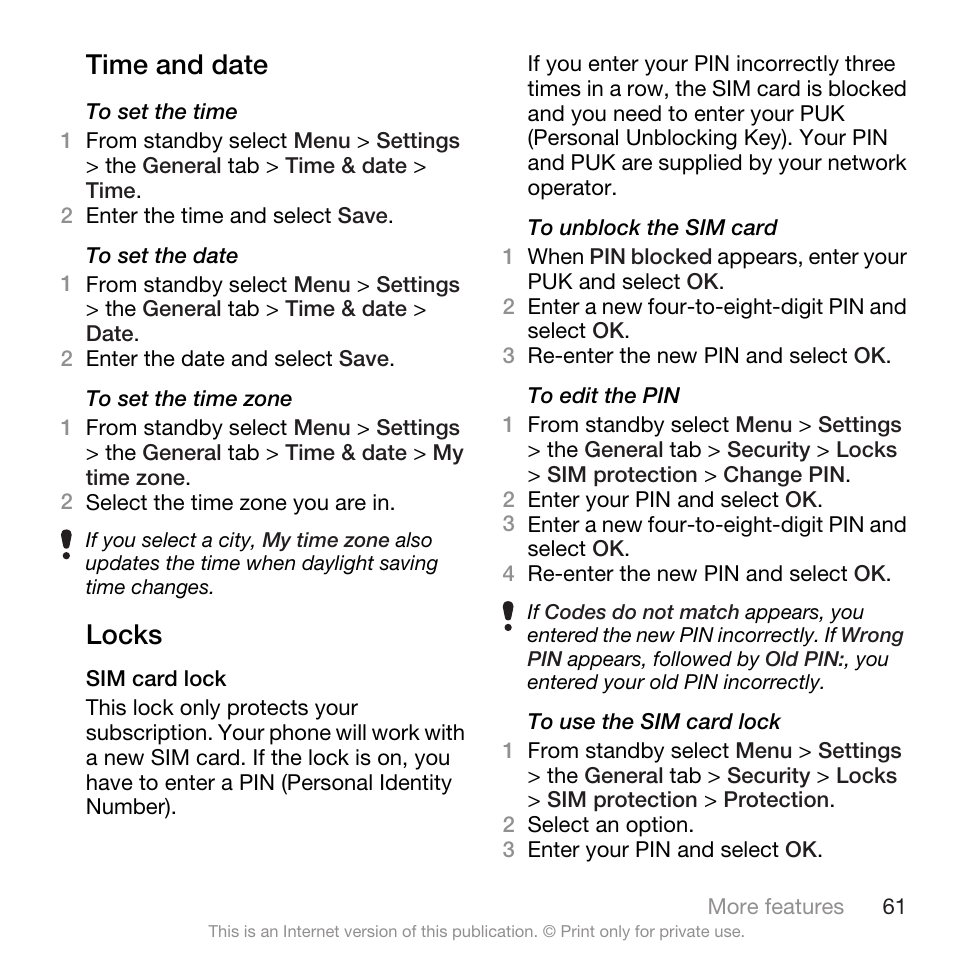 Time and date, Locks, Time and date locks | A row, the sim card is blocked. see sim | Spracht W890I User Manual | Page 63 / 82