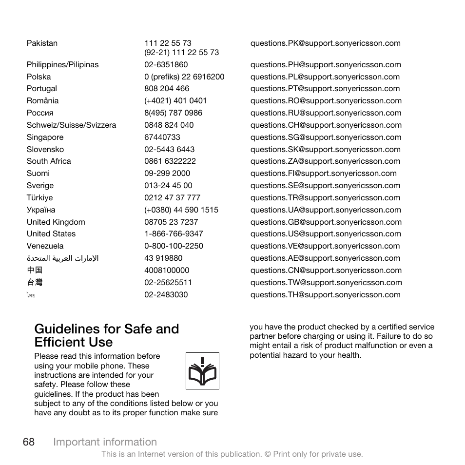 Guidelines for safe and efficient use, 68 important information | Spracht W890I User Manual | Page 70 / 82