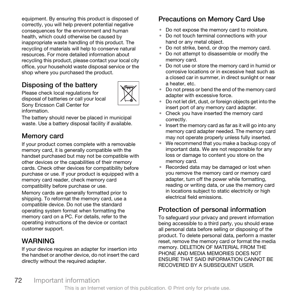 Disposing of the battery, Warning, Protection of personal information | 72 important information | Spracht W890I User Manual | Page 74 / 82