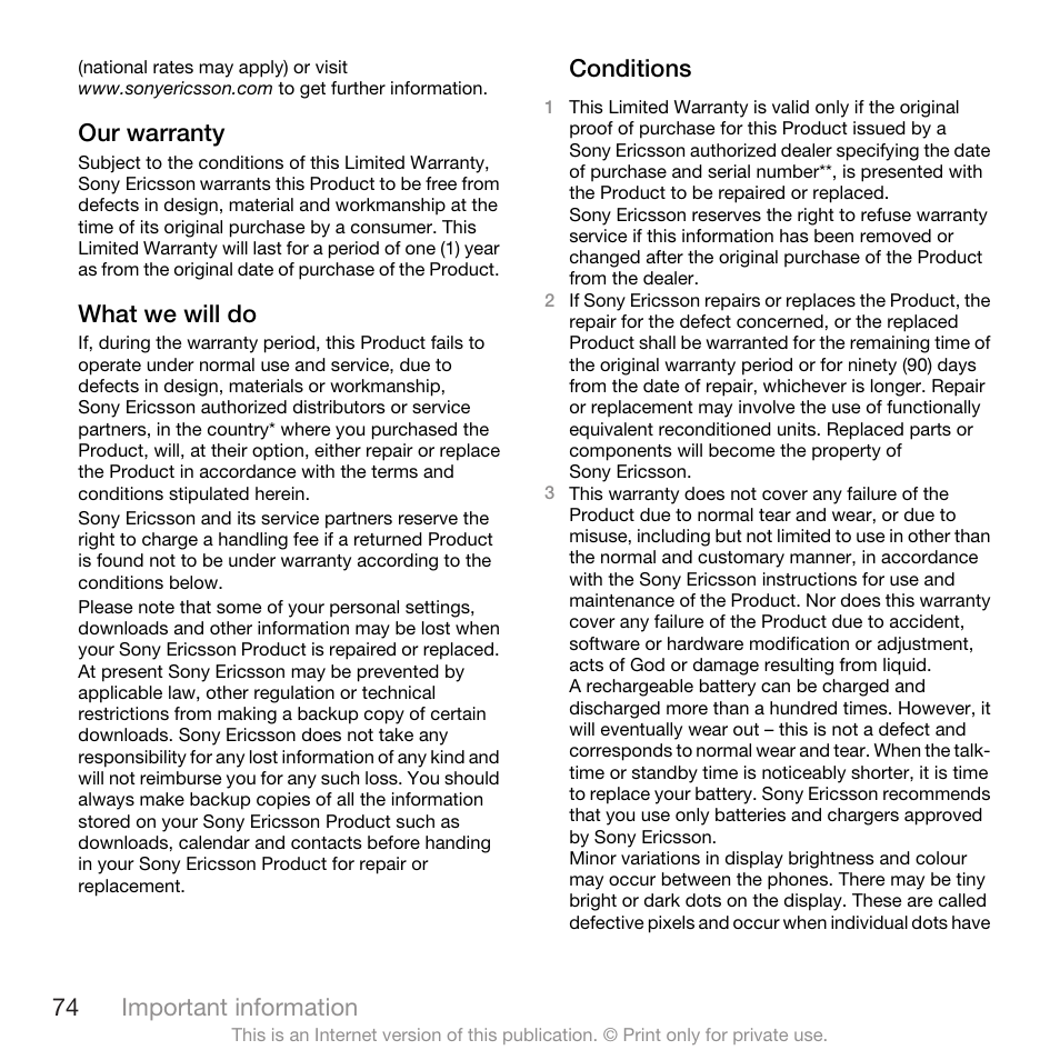 Our warranty, What we will do, Conditions | 74 important information | Spracht W890I User Manual | Page 76 / 82