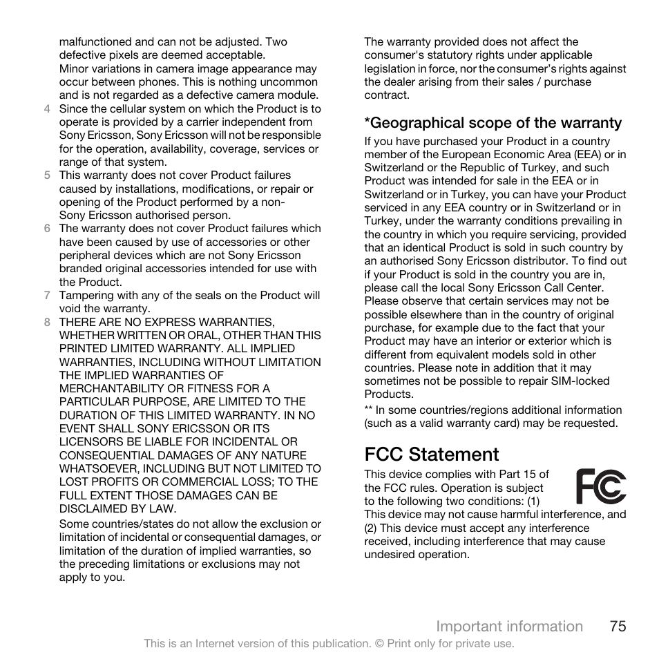 Fcc statement, Geographical scope of the warranty, Important information 75 | Spracht W890I User Manual | Page 77 / 82