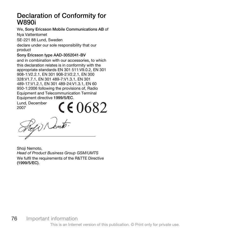 Declaration of conformity for w890i | Spracht W890I User Manual | Page 78 / 82