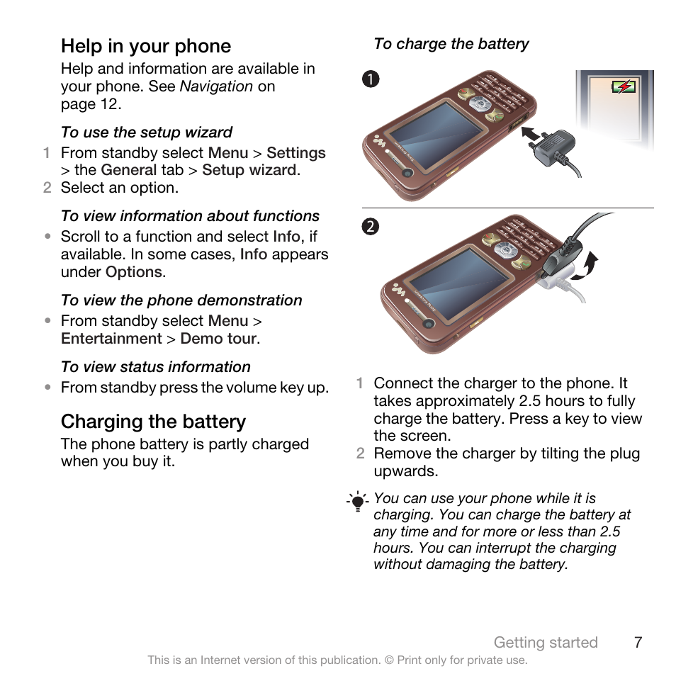 Help in your phone, Charging the battery, Help in your phone charging the battery | Spracht W890I User Manual | Page 9 / 82