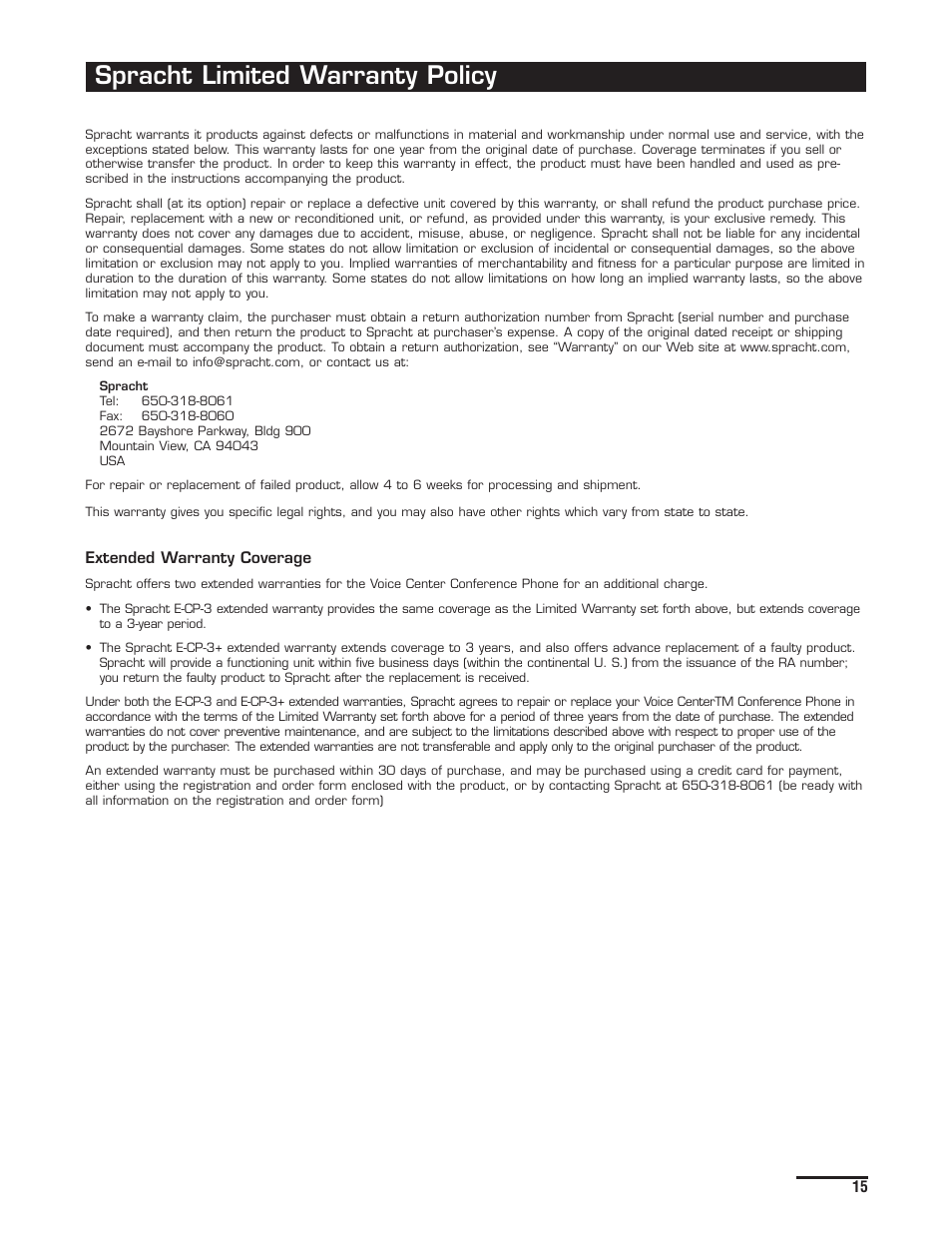 Spracht limited warranty policy | Spracht CP-2012 User Manual | Page 16 / 19