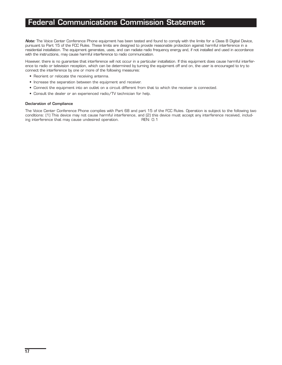 Federal communications commission statement | Spracht CP-2012 User Manual | Page 18 / 19