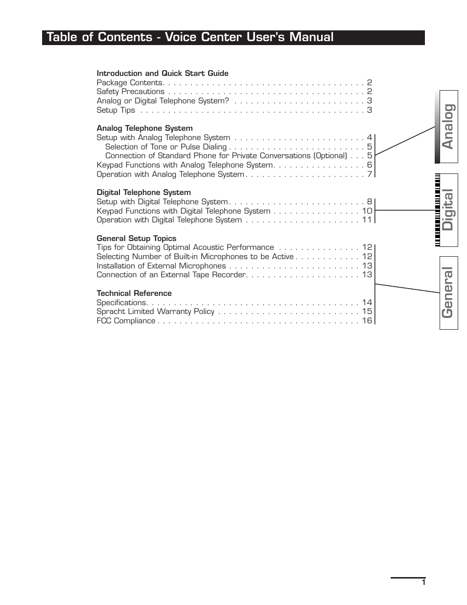 General analog digital, Table of contents - voice center user’s manual | Spracht CP-2012 User Manual | Page 2 / 19
