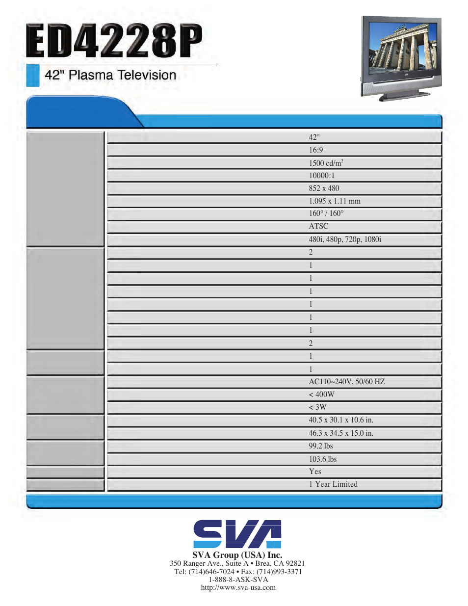 Plasma television | SVA ED4228P User Manual | Page 2 / 2