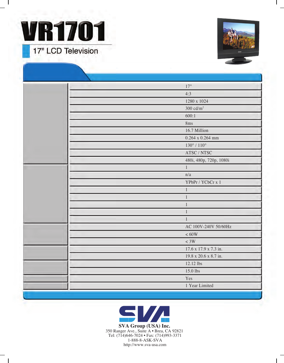 Lcd television | SVA VR1701 User Manual | Page 2 / 2