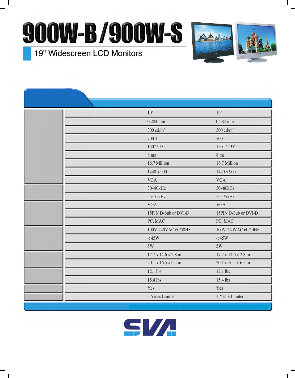 Lcd monitors | SVA 900W-B User Manual | Page 2 / 2