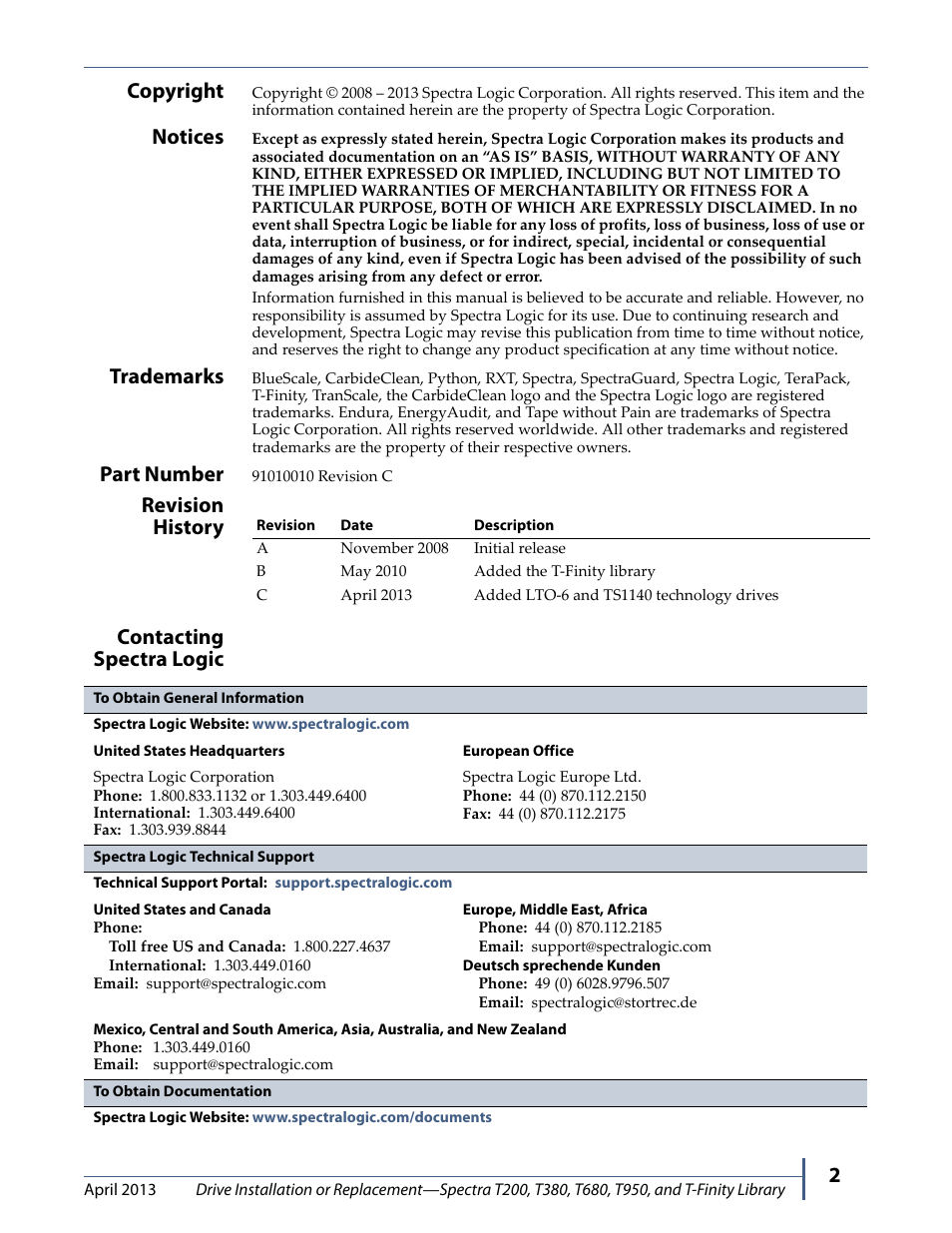 2copyright, Notices, Trademarks | Part number, Revision history contacting spectra logic | Spectra Logic T380 User Manual | Page 2 / 27
