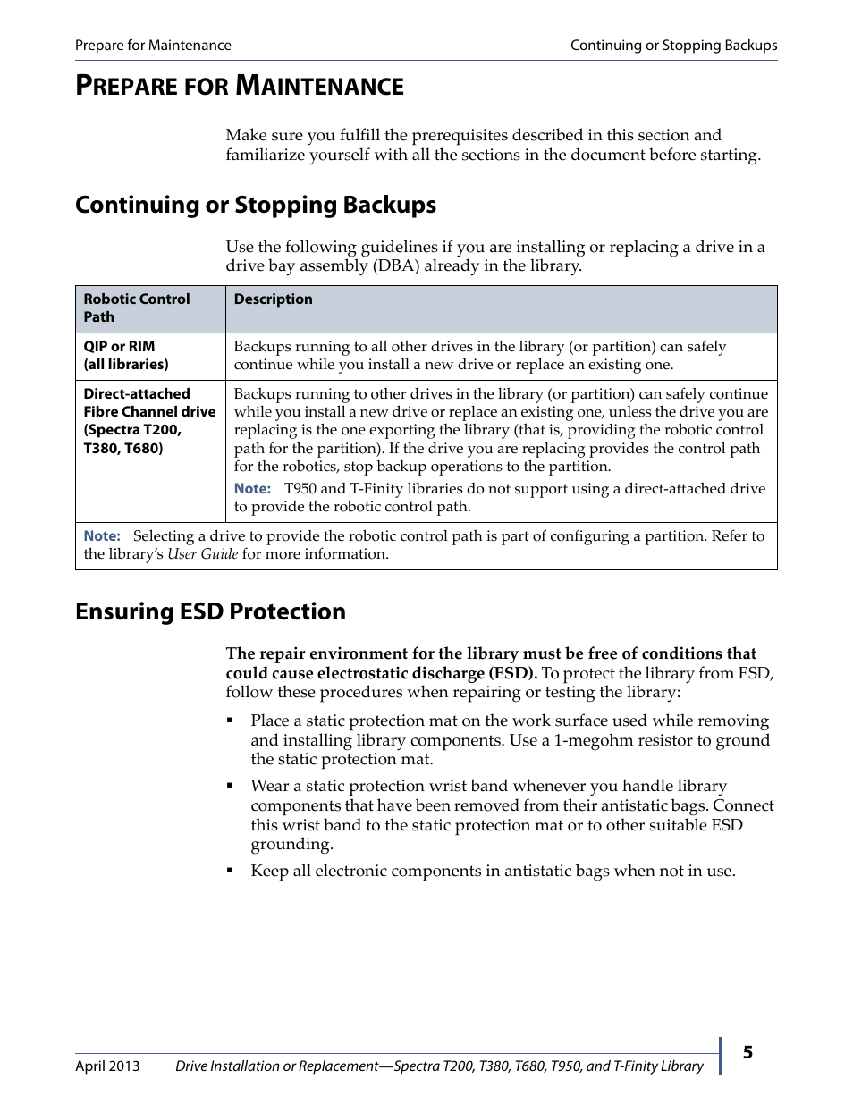 Prepare for maintenance, Continuing or stopping backups, Ensuring esd protection | Repare, Aintenance | Spectra Logic T380 User Manual | Page 5 / 27