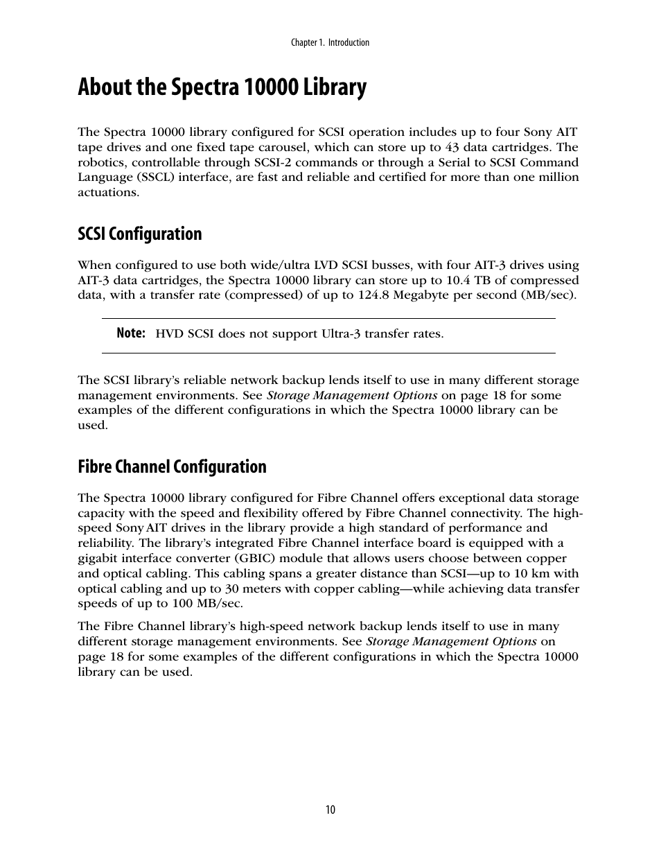 About the spectra 10000 library, Scsi configuration, Fibre channel configuration | Spectra Logic 10000 User Manual | Page 10 / 136