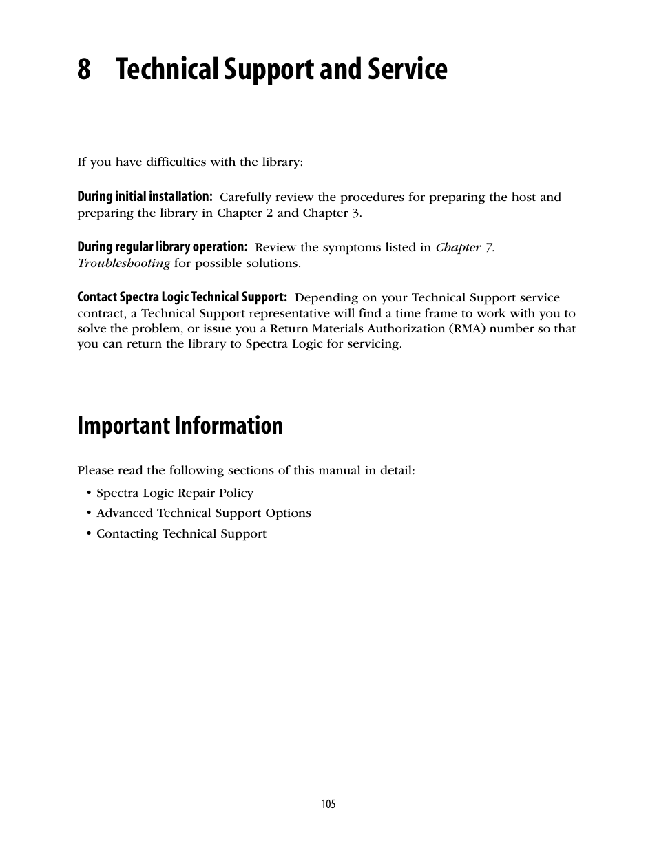 8 technical support and service, Important information, Chapter 8. technical support and service | Chapter 8. technical support and service ) | Spectra Logic 10000 User Manual | Page 105 / 136