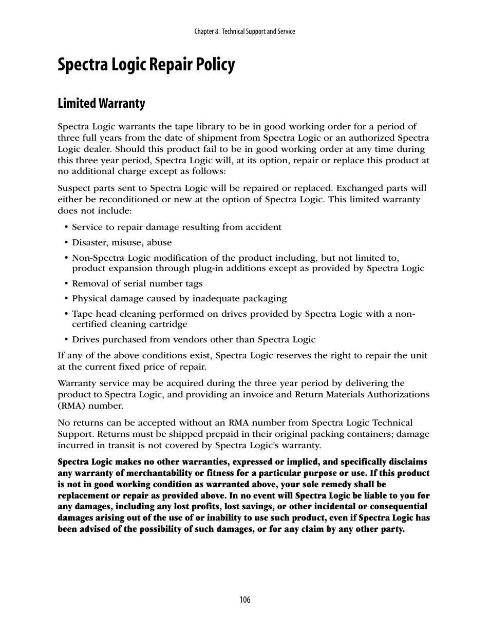 Spectra logic repair policy, Limited warranty | Spectra Logic 10000 User Manual | Page 106 / 136