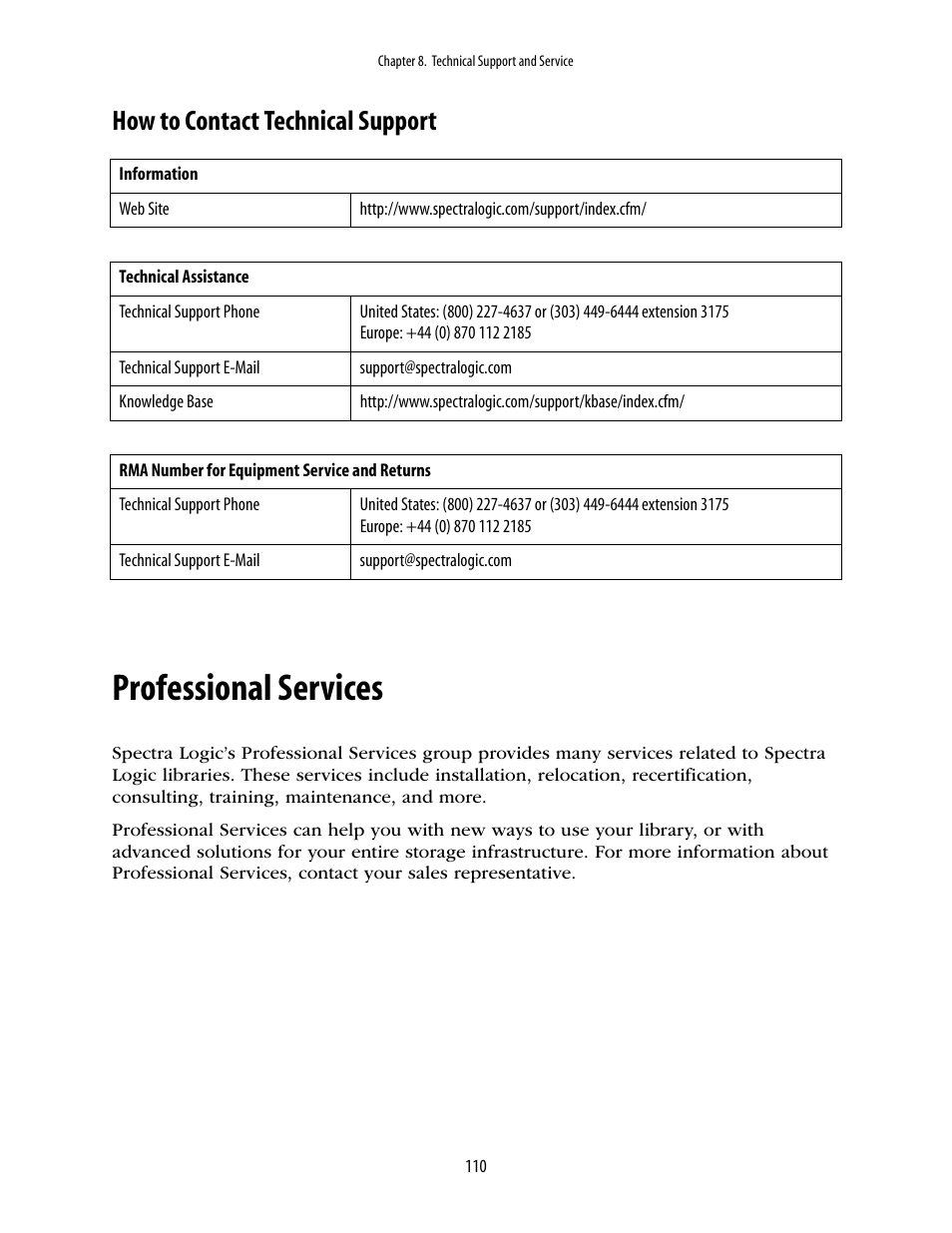 How to contact technical support, Professional services | Spectra Logic 10000 User Manual | Page 110 / 136