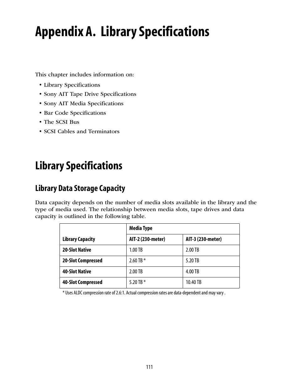 Library specifications, Library data storage capacity, Appendix a. library specifications | Spectra Logic 10000 User Manual | Page 111 / 136