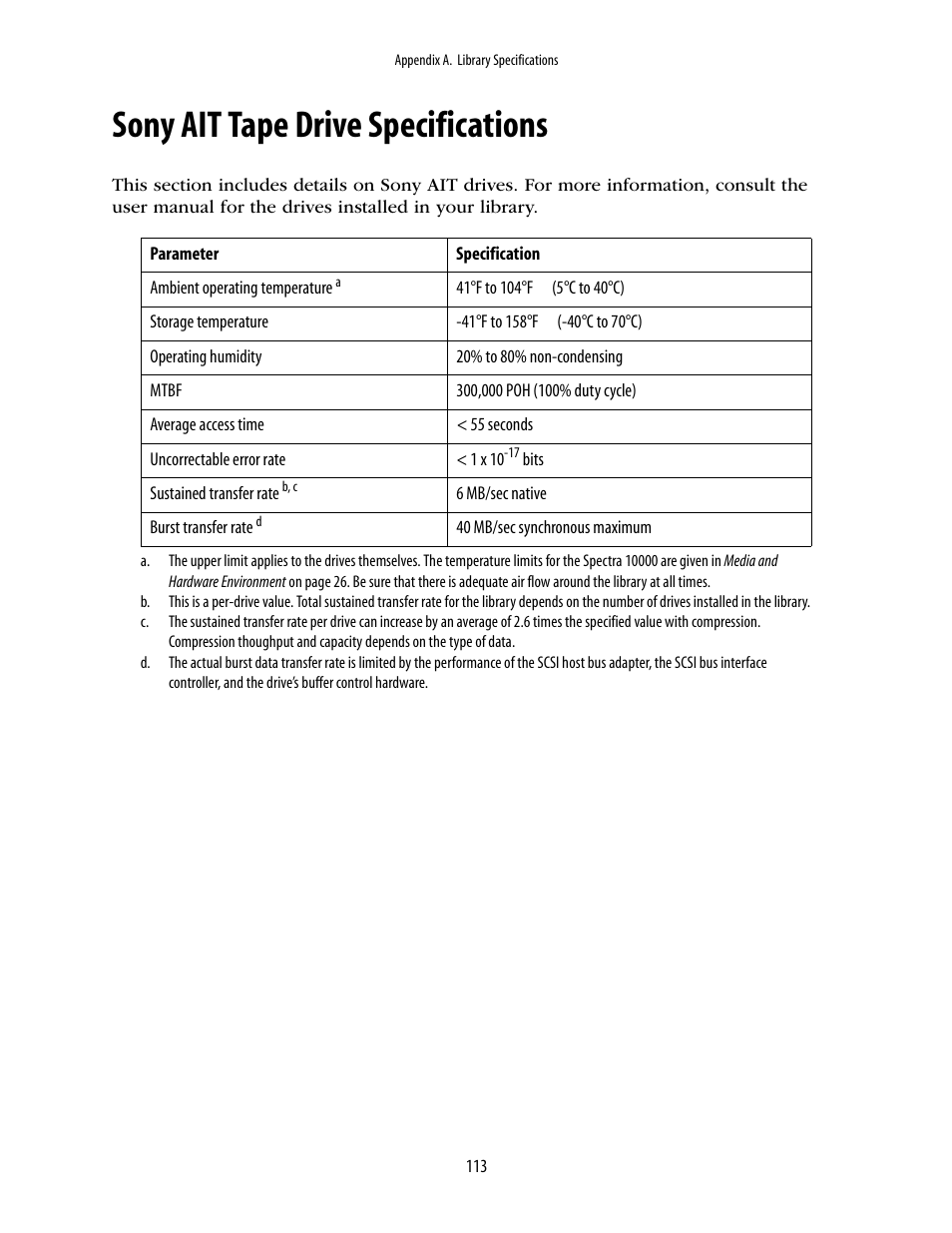 Sony ait tape drive specifications | Spectra Logic 10000 User Manual | Page 113 / 136