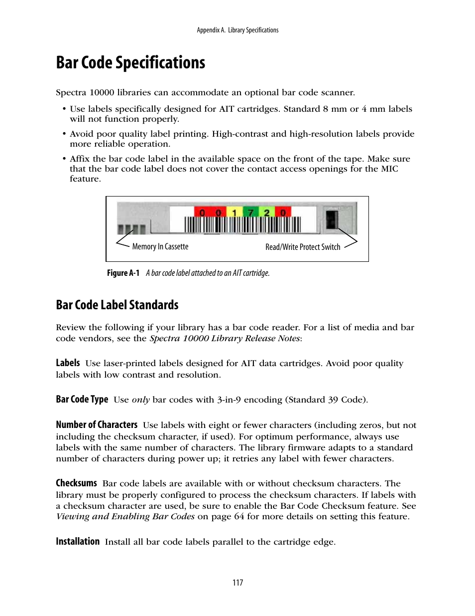 Bar code specifications, Bar code label standards | Spectra Logic 10000 User Manual | Page 117 / 136