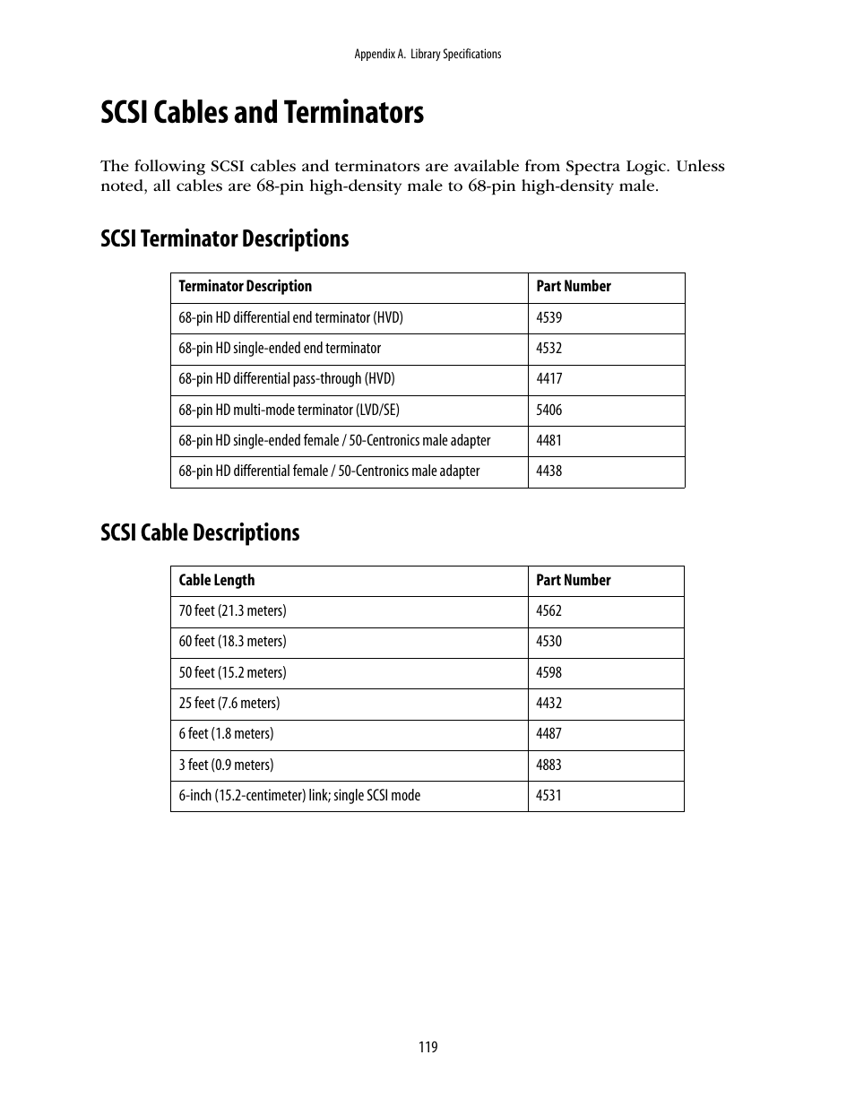 Scsi cables and terminators, Scsi terminator descriptions, Scsi cable descriptions | Spectra Logic 10000 User Manual | Page 119 / 136