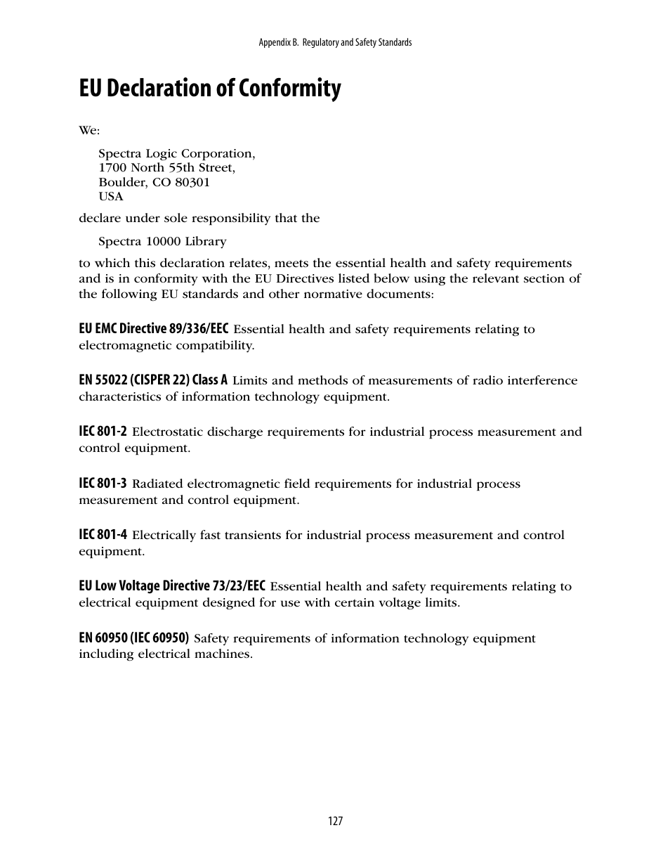 Eu declaration of conformity | Spectra Logic 10000 User Manual | Page 127 / 136