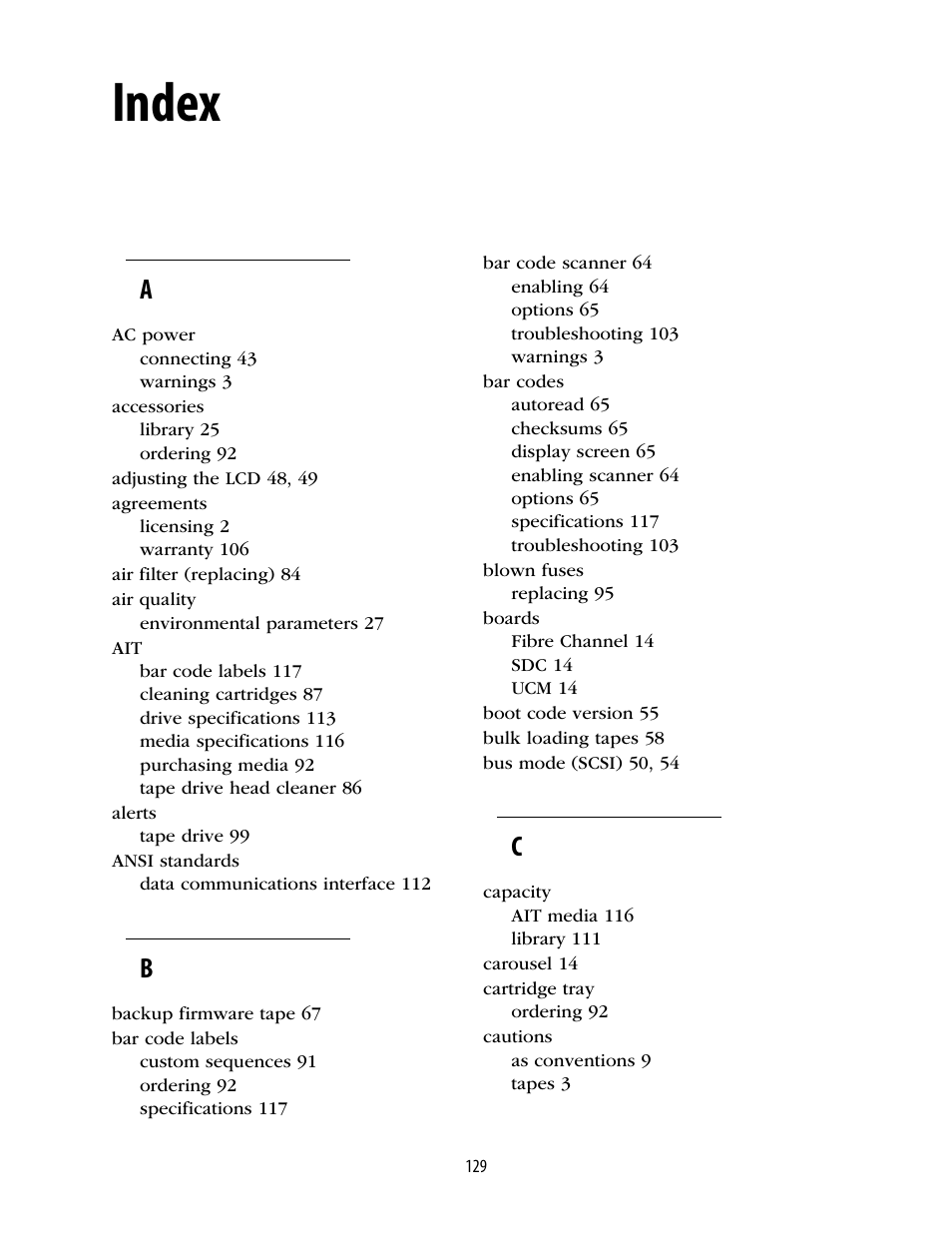 Index | Spectra Logic 10000 User Manual | Page 129 / 136