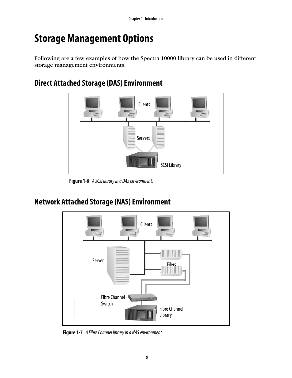 Storage management options, Direct attached storage (das) environment, Network attached storage (nas) environment | Spectra Logic 10000 User Manual | Page 18 / 136