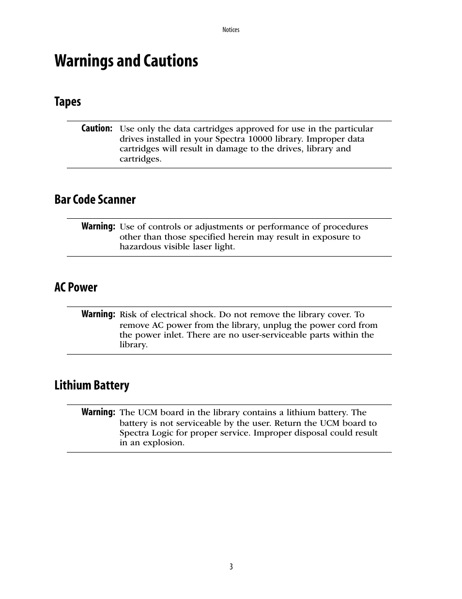 Warnings and cautions, Tapes, Bar code scanner | Ac power, Lithium battery | Spectra Logic 10000 User Manual | Page 3 / 136