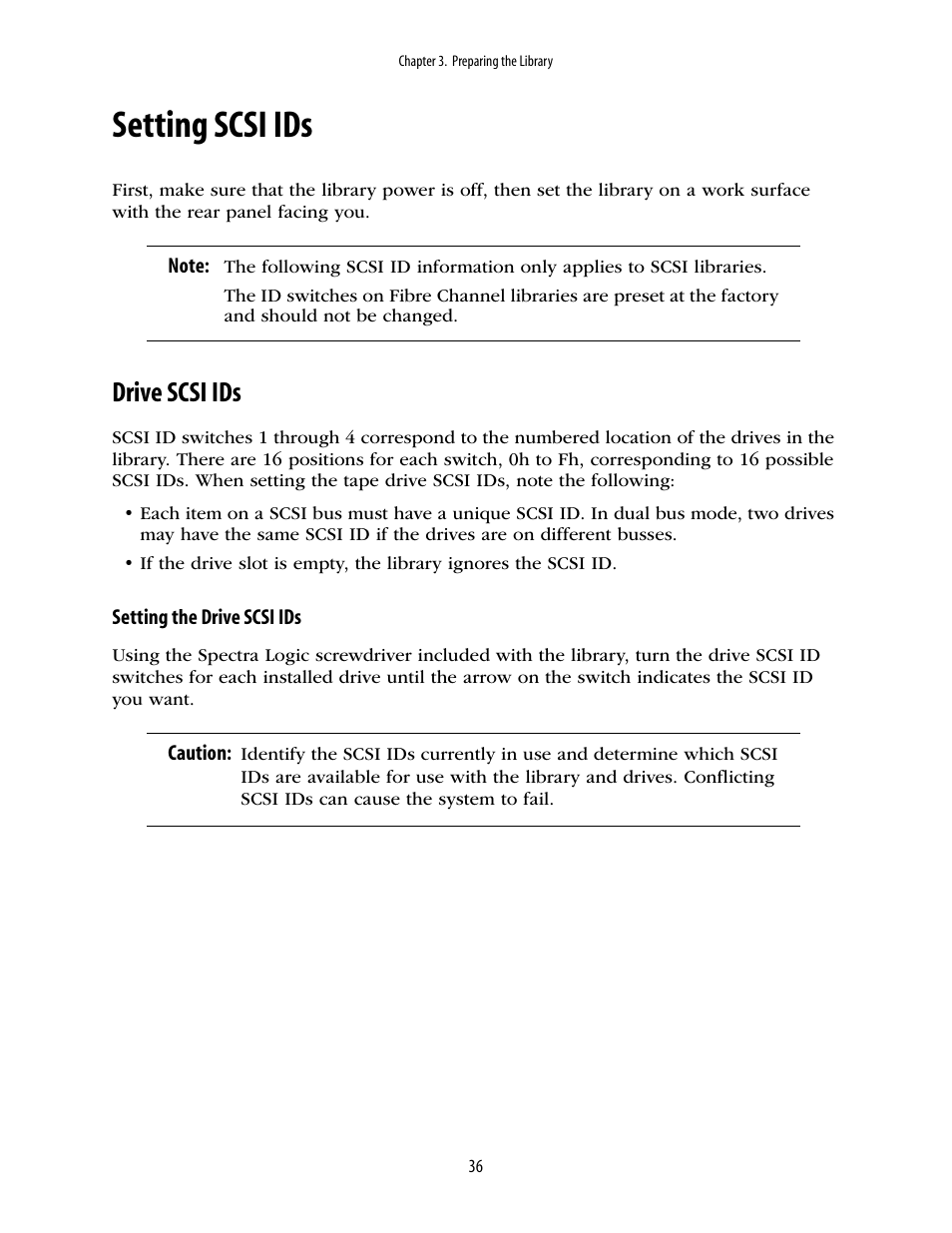 Setting scsi ids, Drive scsi ids | Spectra Logic 10000 User Manual | Page 36 / 136