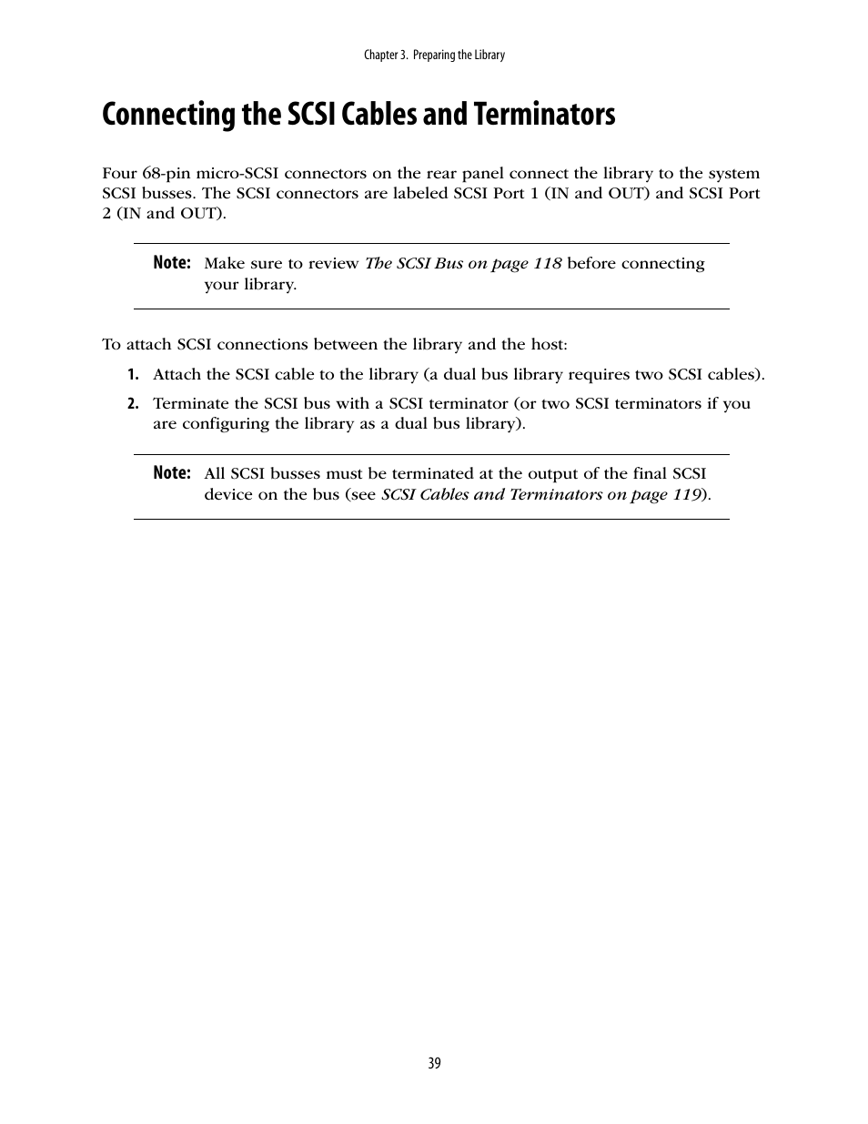 Connecting the scsi cables and terminators | Spectra Logic 10000 User Manual | Page 39 / 136