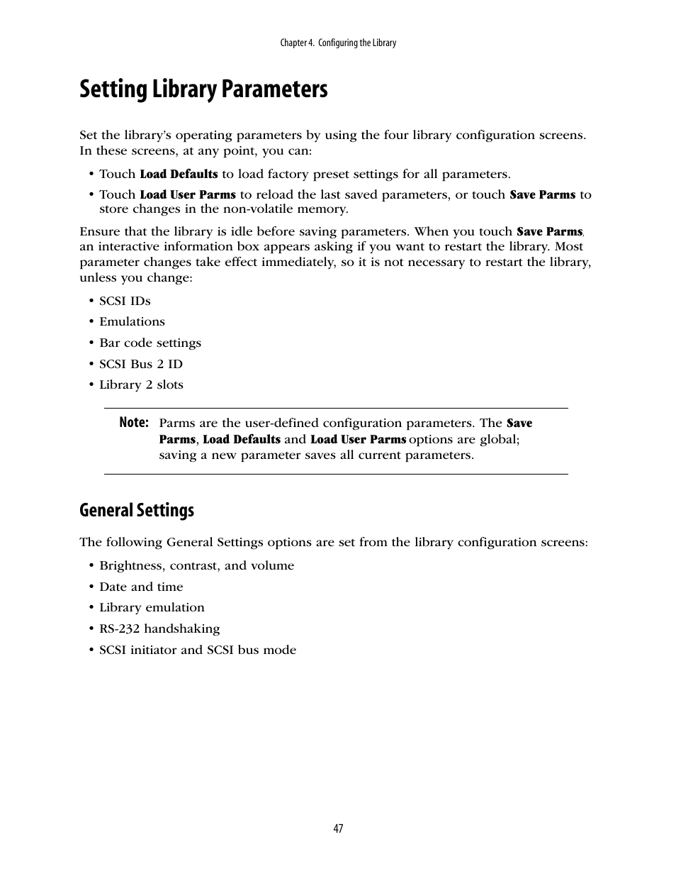 Setting library parameters, General settings | Spectra Logic 10000 User Manual | Page 47 / 136