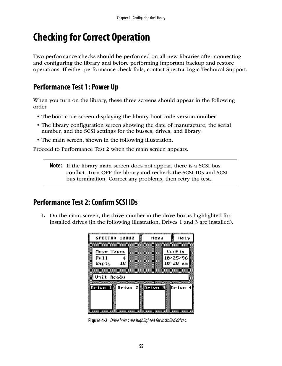 Checking for correct operation, Performance test 1: power up, Performance test 2: confirm scsi ids | Spectra Logic 10000 User Manual | Page 55 / 136