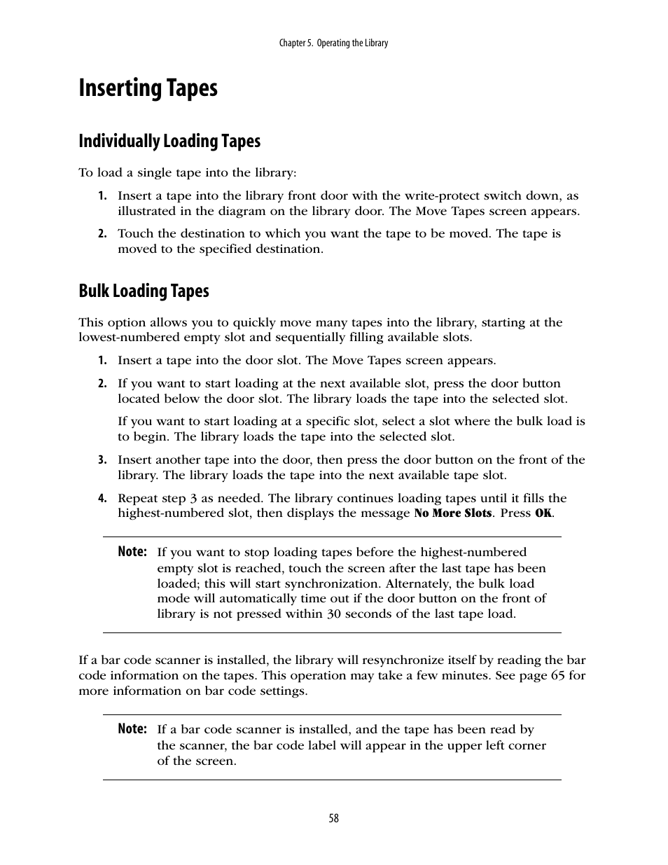 Inserting tapes, Individually loading tapes, Bulk loading tapes | Spectra Logic 10000 User Manual | Page 58 / 136