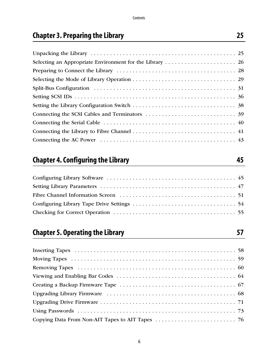 Chapter 3. preparing the library 25, Chapter 4. configuring the library 45, Chapter 5. operating the library 57 | Spectra Logic 10000 User Manual | Page 6 / 136