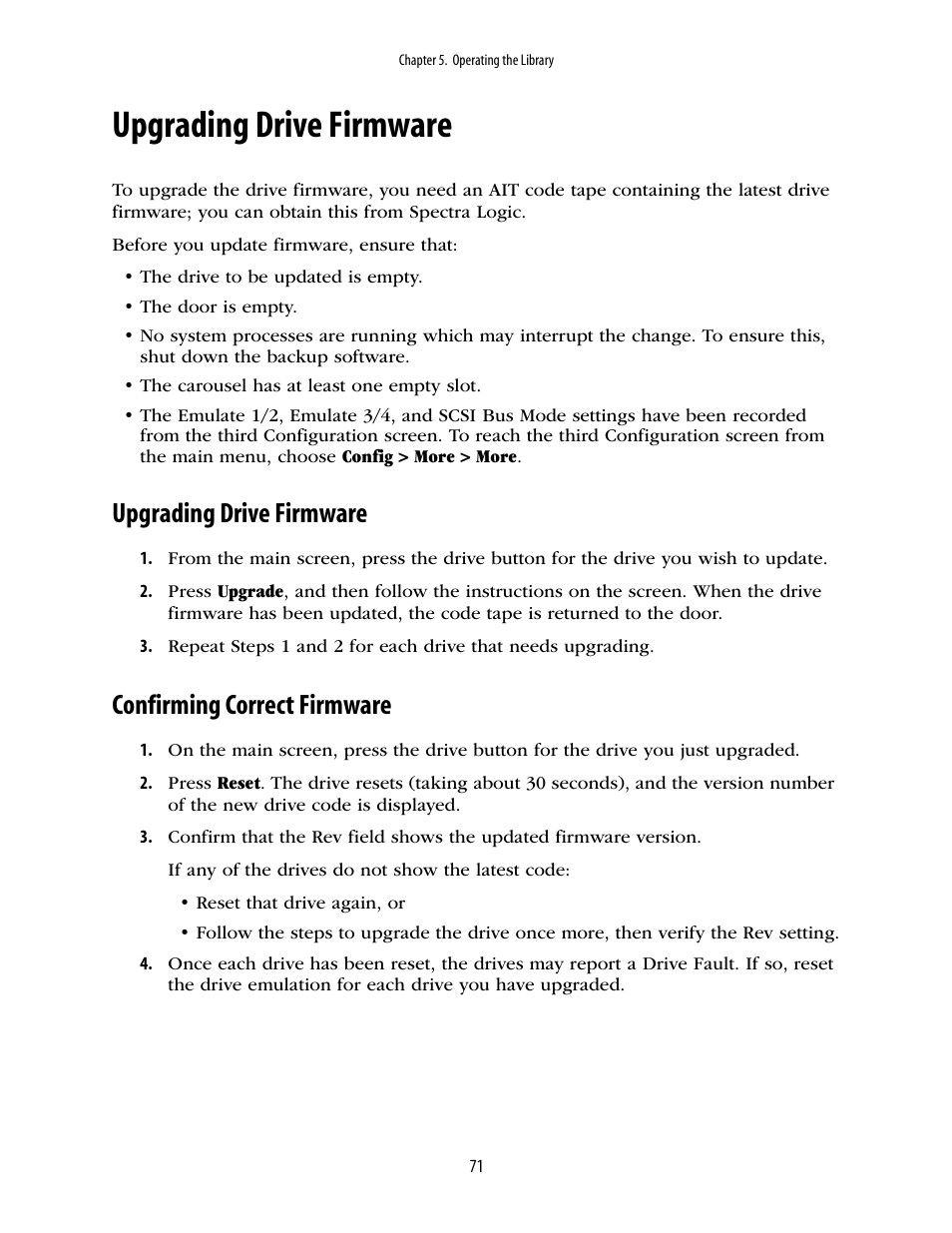 Upgrading drive firmware, Confirming correct firmware | Spectra Logic 10000 User Manual | Page 71 / 136