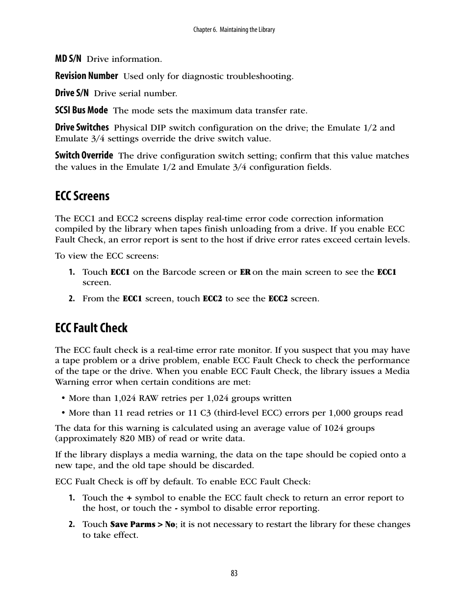 Ecc screens, Ecc fault check | Spectra Logic 10000 User Manual | Page 83 / 136