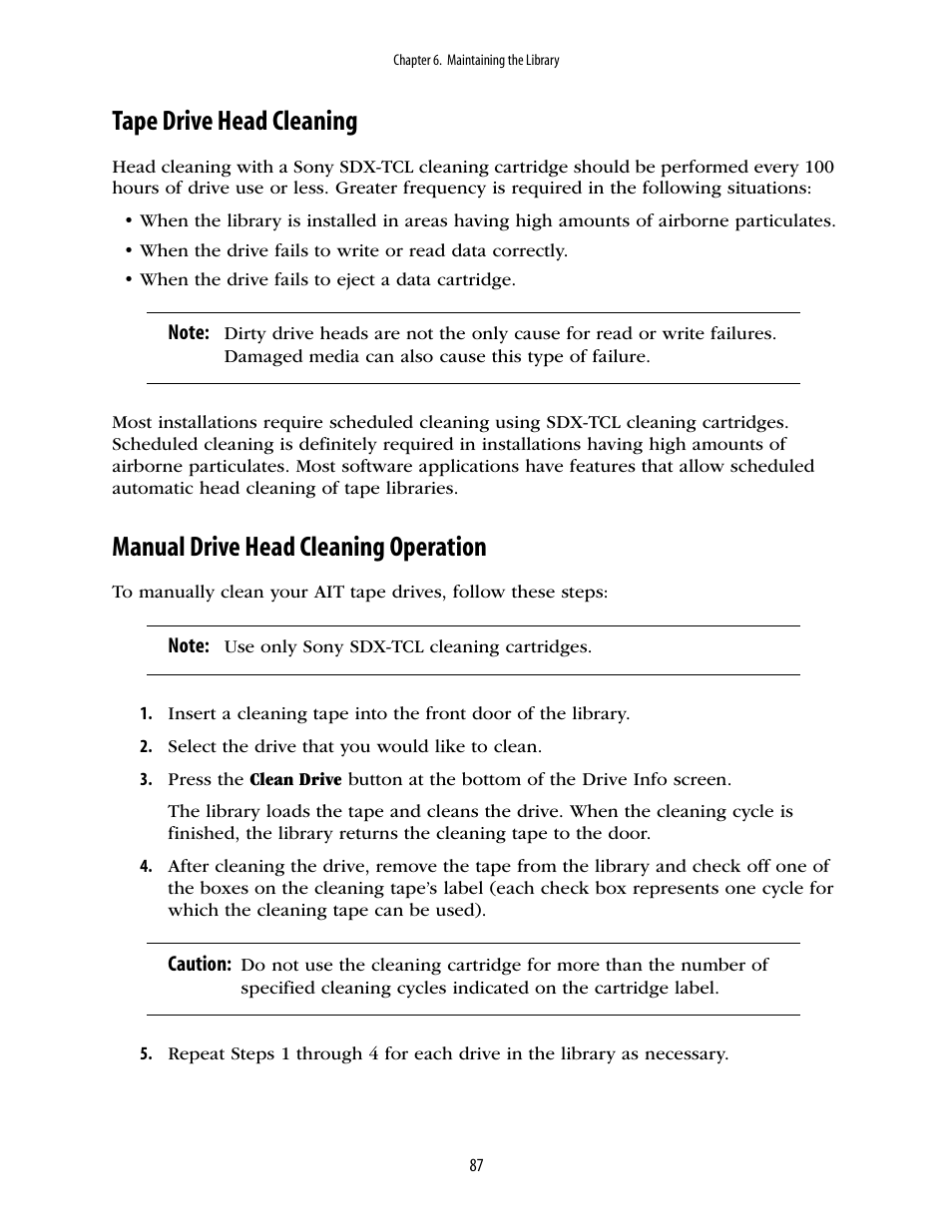 Tape drive head cleaning, Manual drive head cleaning operation | Spectra Logic 10000 User Manual | Page 87 / 136