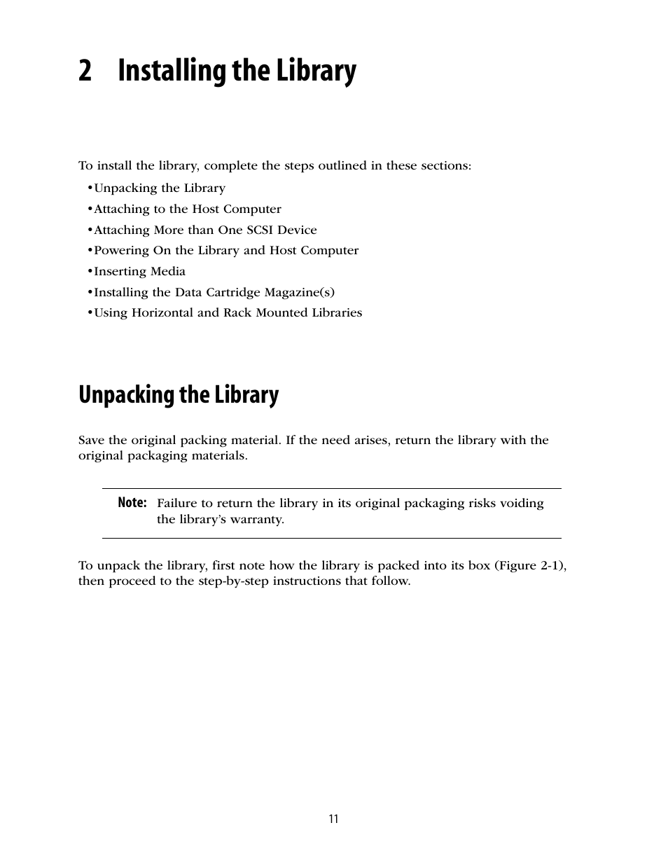 2 installing the library, Unpacking the library, Chapter 2. installing the library | Spectra Logic 2K User Manual | Page 11 / 94