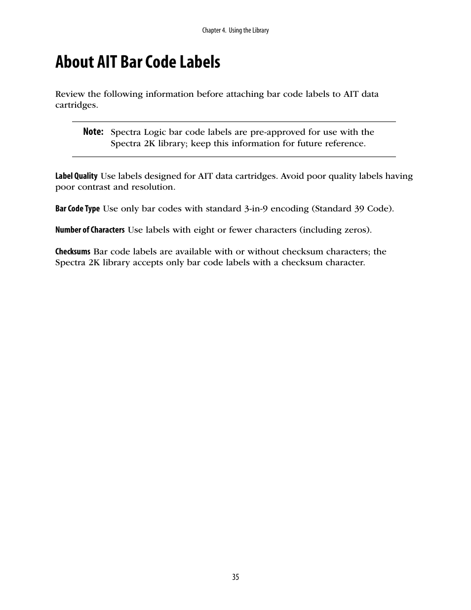 About ait bar code labels | Spectra Logic 2K User Manual | Page 35 / 94