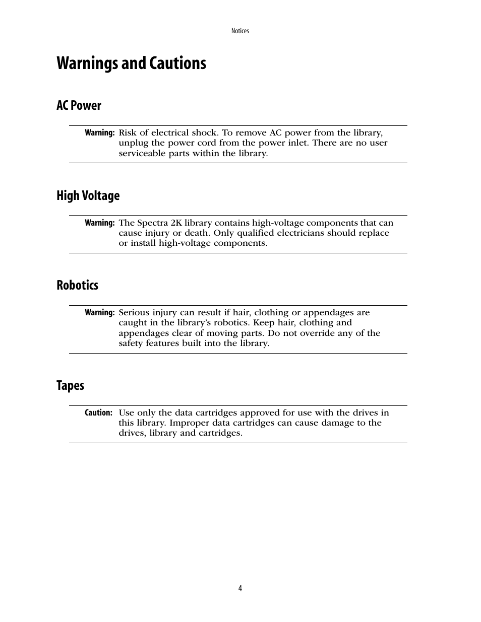 Warnings and cautions, Ac power, High voltage | Robotics, Tapes | Spectra Logic 2K User Manual | Page 4 / 94