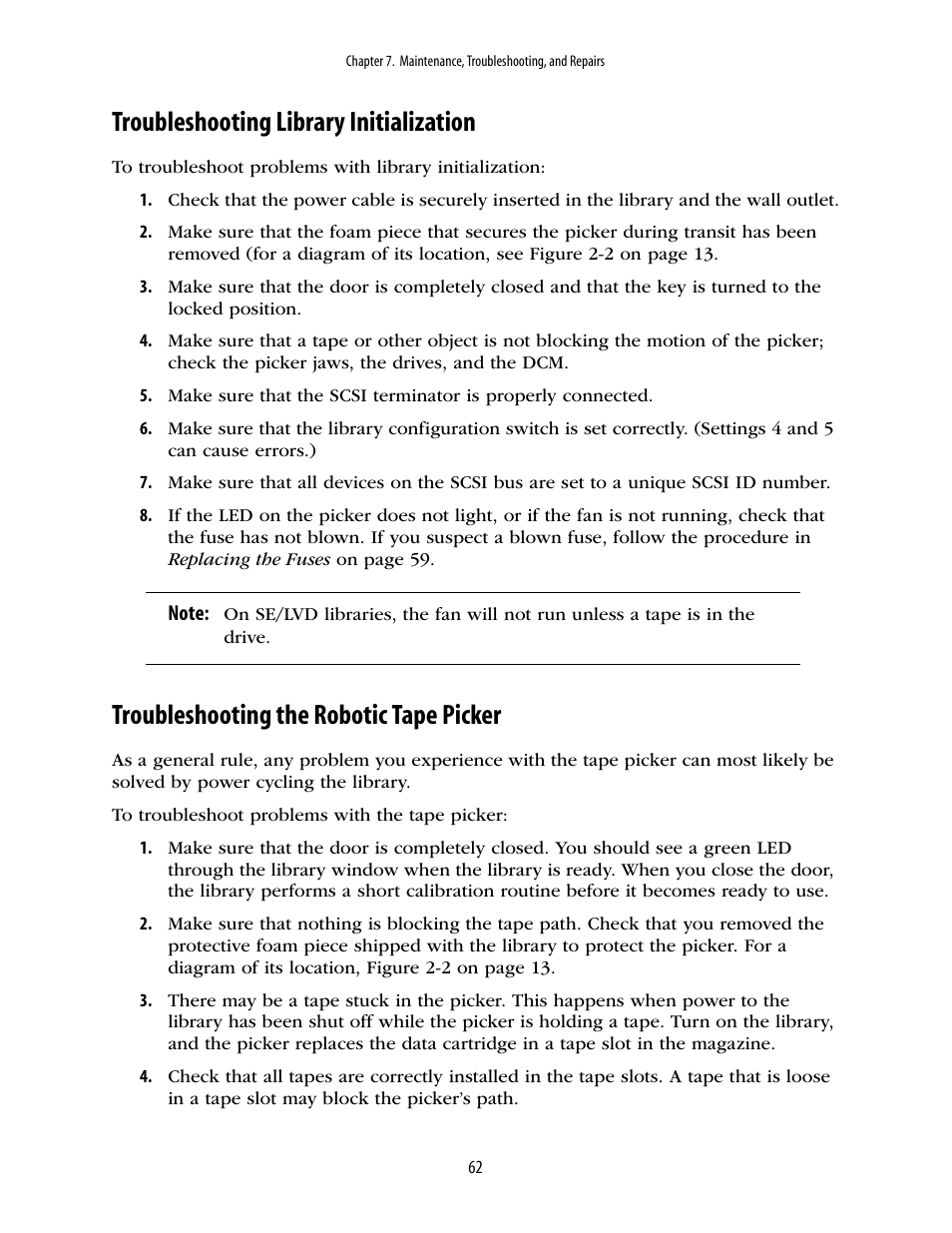 Troubleshooting library initialization, Troubleshooting the robotic tape picker | Spectra Logic 2K User Manual | Page 62 / 94