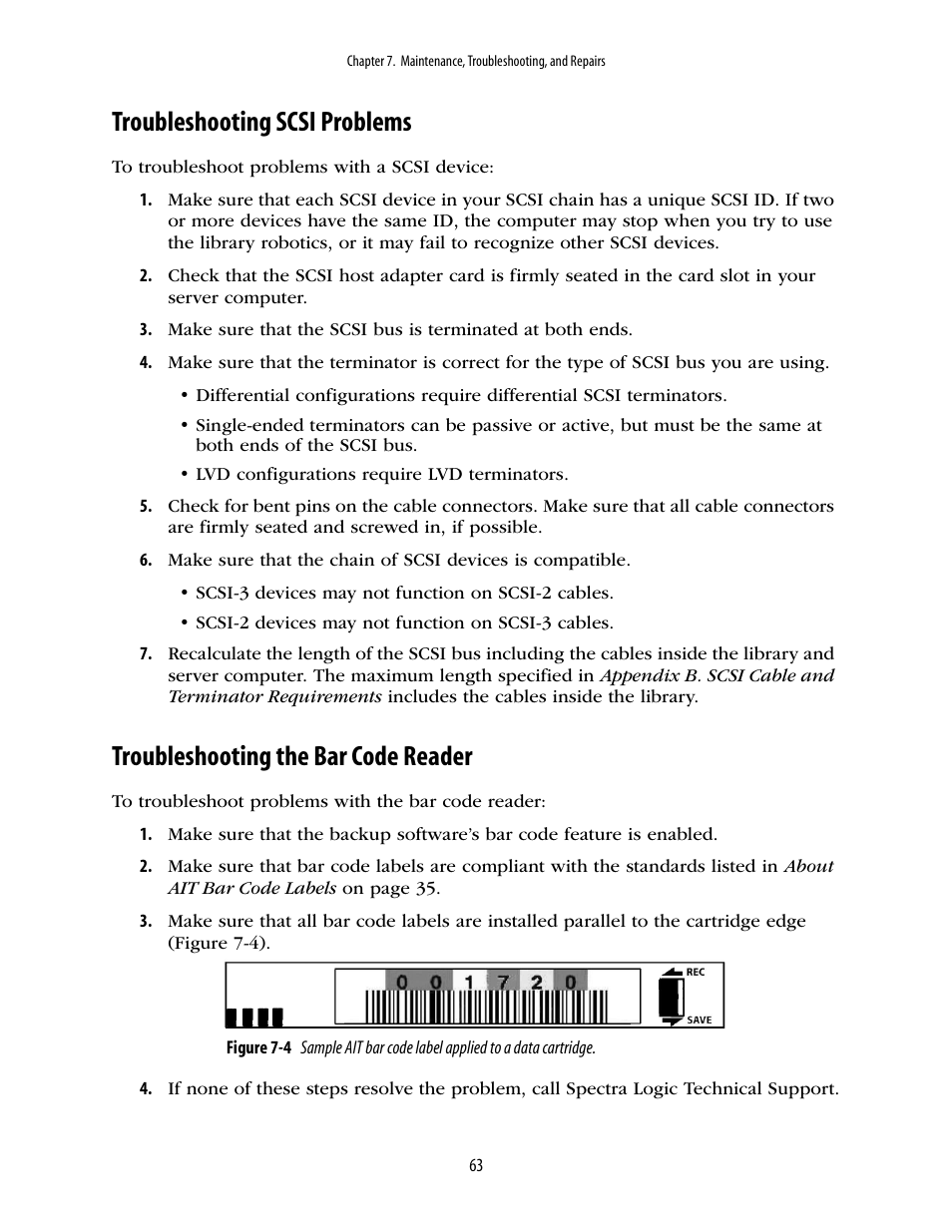 Troubleshooting scsi problems, Troubleshooting the bar code reader | Spectra Logic 2K User Manual | Page 63 / 94