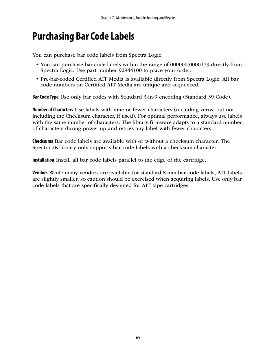 Purchasing bar code labels | Spectra Logic 2K User Manual | Page 65 / 94