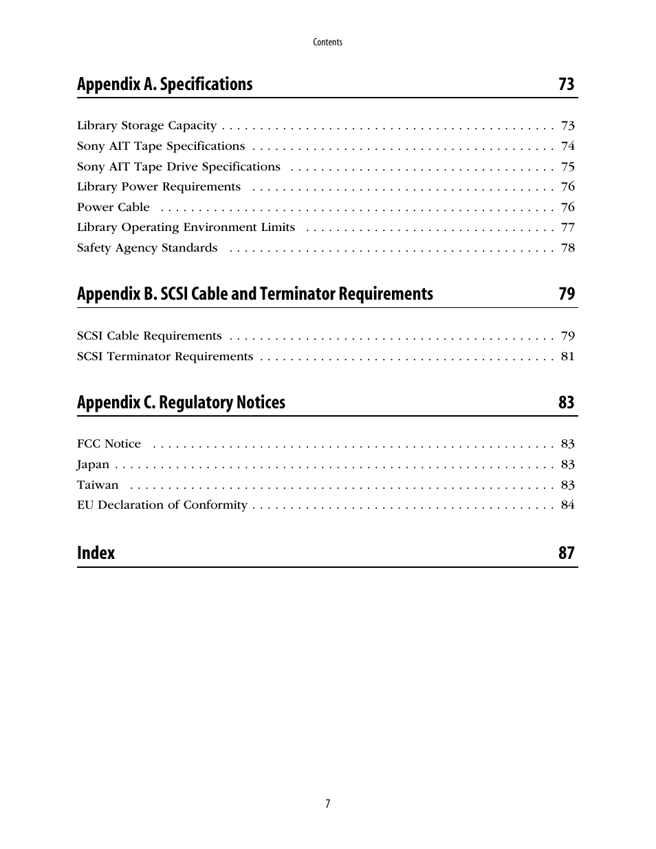 Appendix a. specifications 73, Appendix c. regulatory notices 83, Index 87 | Spectra Logic 2K User Manual | Page 7 / 94