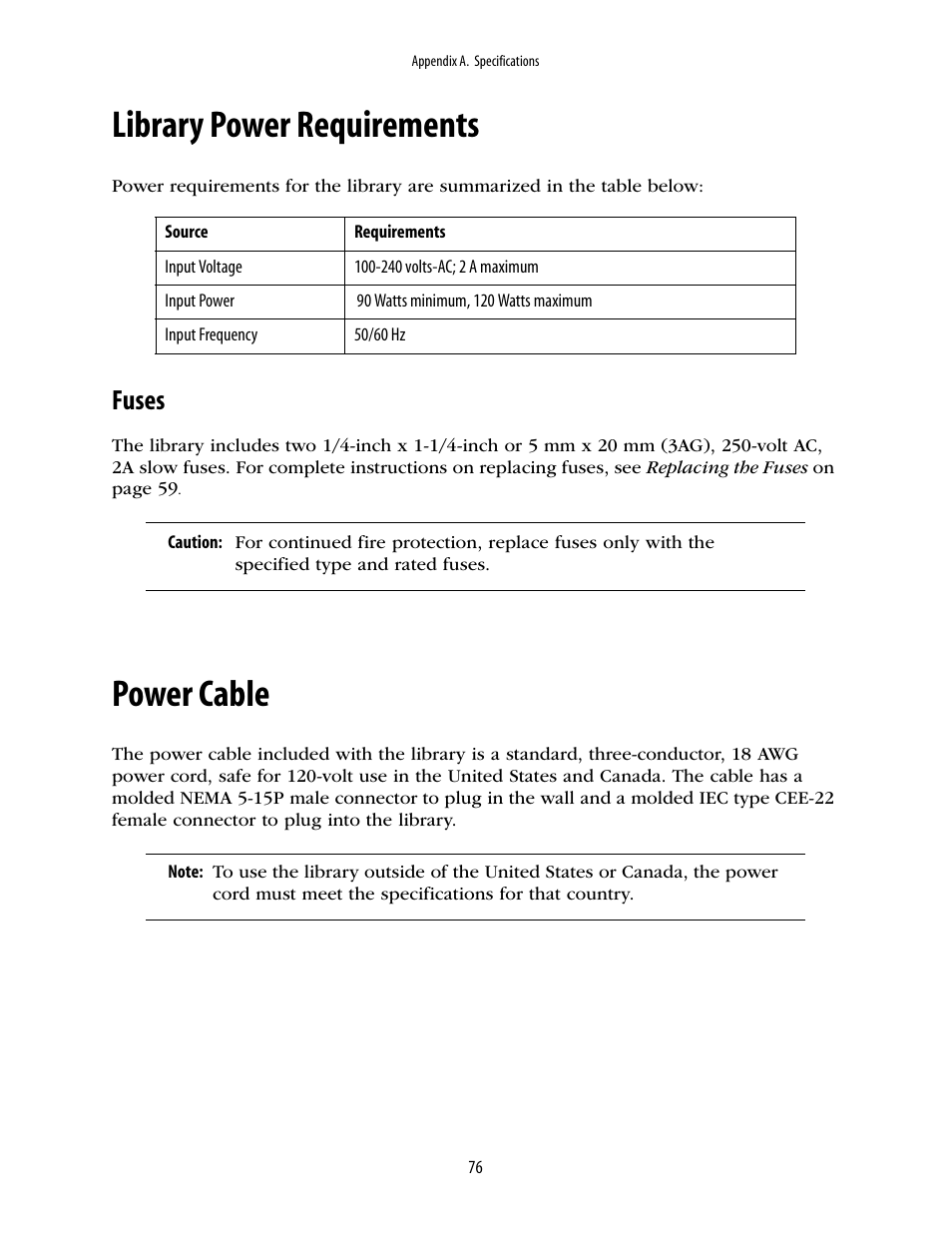 Library power requirements, Fuses, Power cable | Spectra Logic 2K User Manual | Page 76 / 94