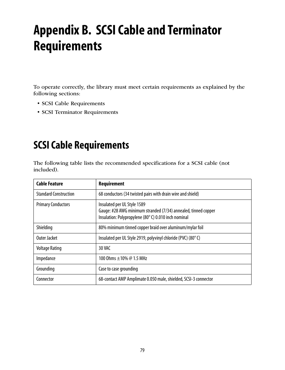 Appendix b. scsi cable and terminator requirements, Scsi cable requirements | Spectra Logic 2K User Manual | Page 79 / 94