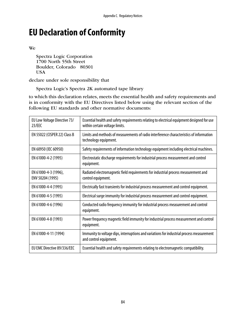 Eu declaration of conformity | Spectra Logic 2K User Manual | Page 84 / 94