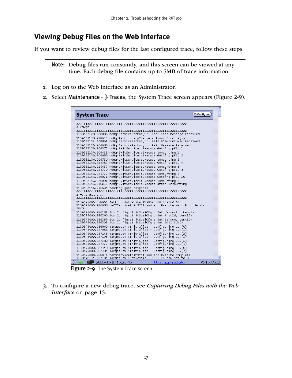 Viewing debug files on the web interface | Spectra Logic RXT150 User Manual | Page 17 / 43