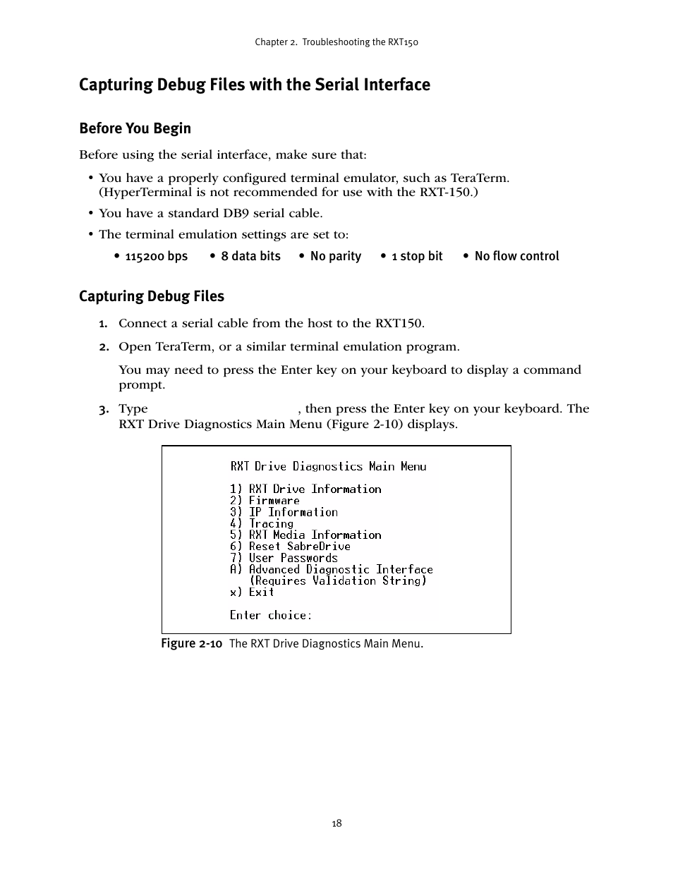 Capturing debug files with the serial interface | Spectra Logic RXT150 User Manual | Page 18 / 43