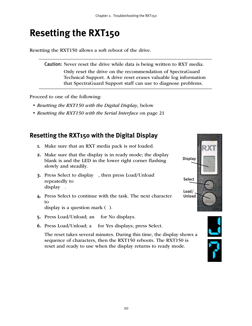 Resetting the rxt150, Resetting the rxt150 with the digital display | Spectra Logic RXT150 User Manual | Page 20 / 43